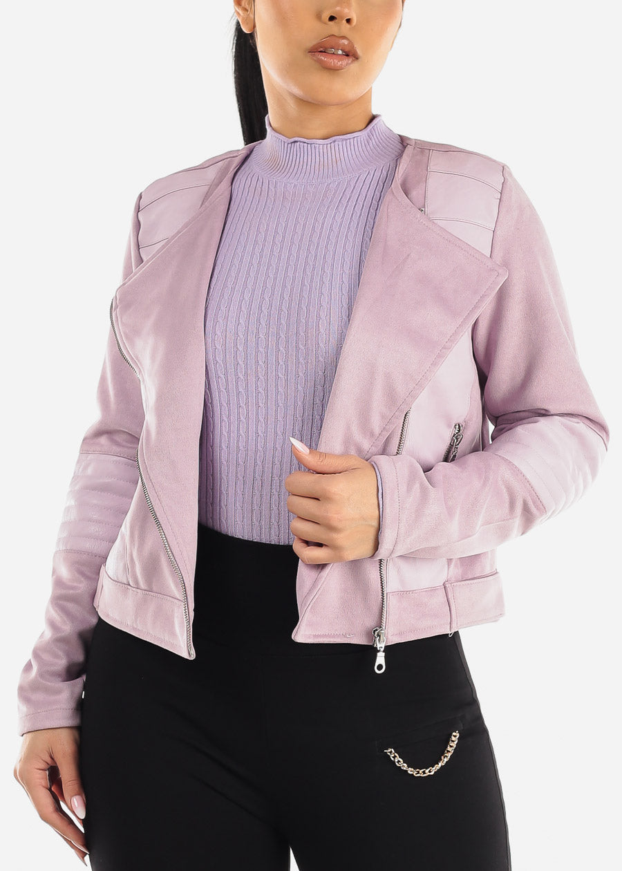 Lavender Suede & Pleather Moto Jacket