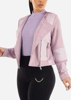 Lavender Suede & Pleather Moto Jacket