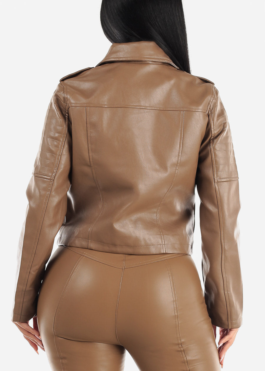 Long Sleeve Zip Up Moto Jacket Light Brown
