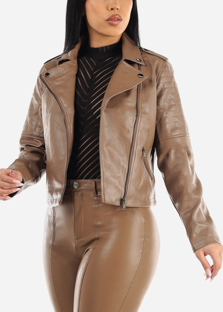 Long Sleeve Zip Up Moto Jacket Light Brown