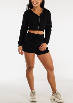 Terry Zip Up Cropped Hoodie & Shorts Neon Black (2 PCE SET)