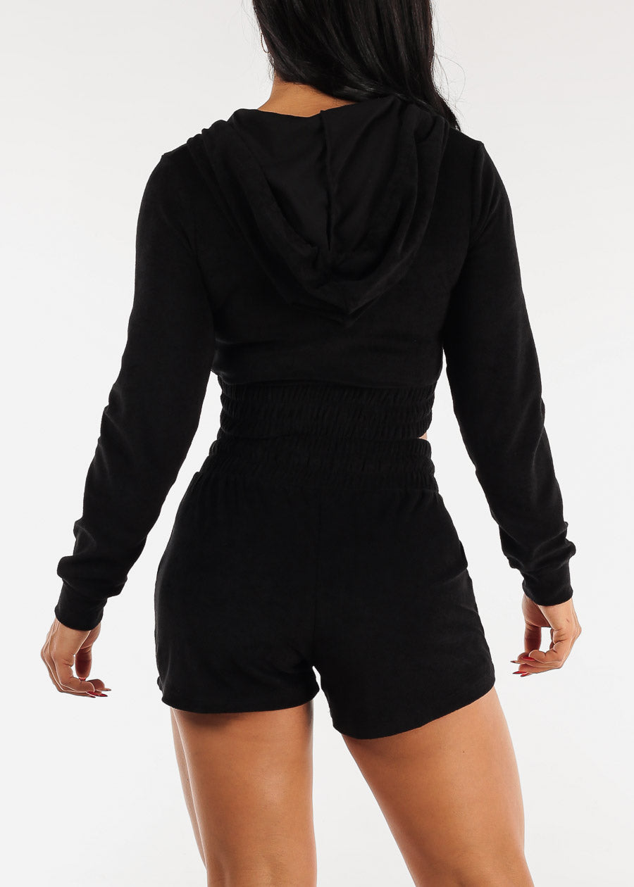 Terry Zip Up Cropped Hoodie & Shorts Neon Black (2 PCE SET)