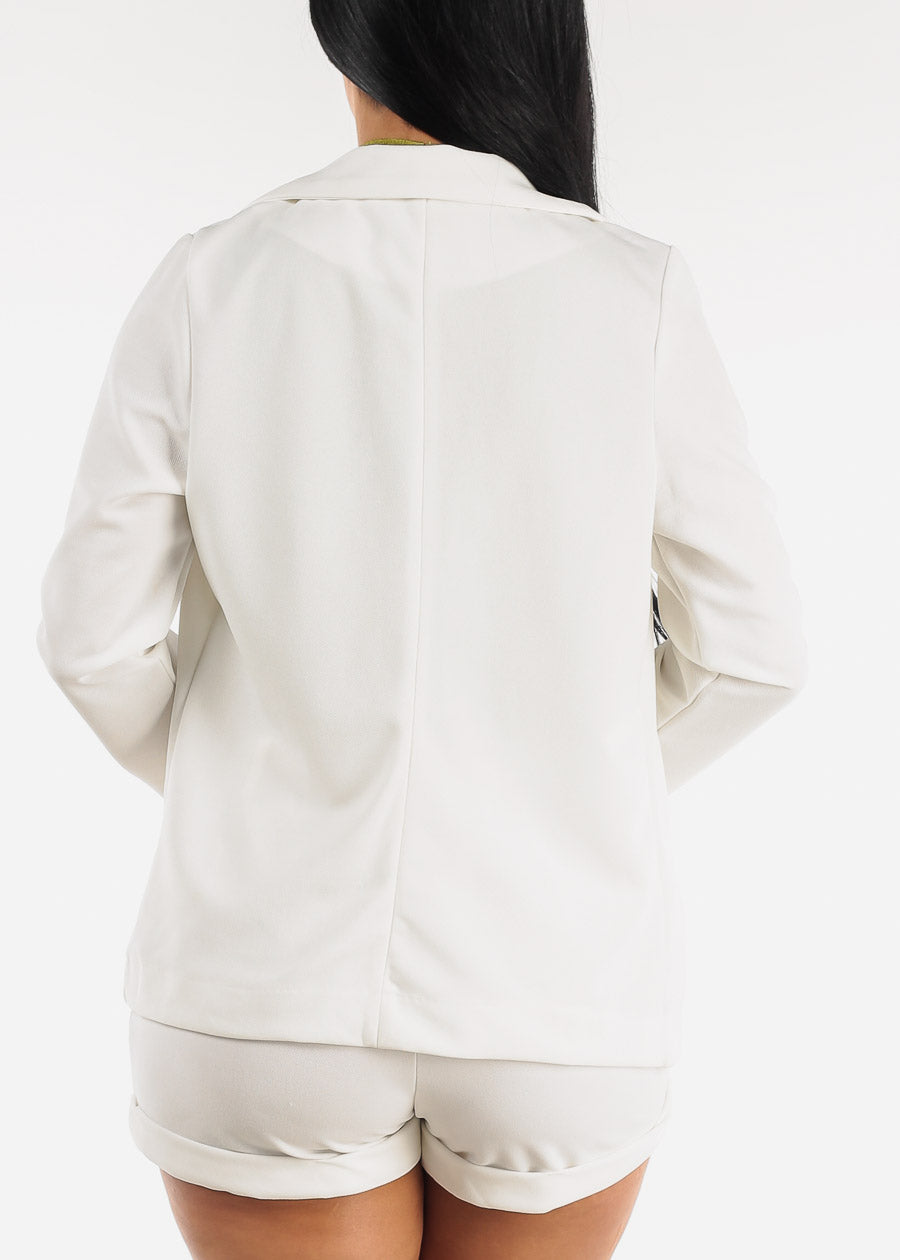 White Long Sleeve Notched Collar Open Blazer