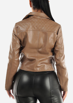 Vegan Leather Zip Up Moto Jacket Light Brown