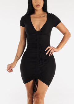 Short Sleeve Adjustable Ruched Front Mini Dress Black