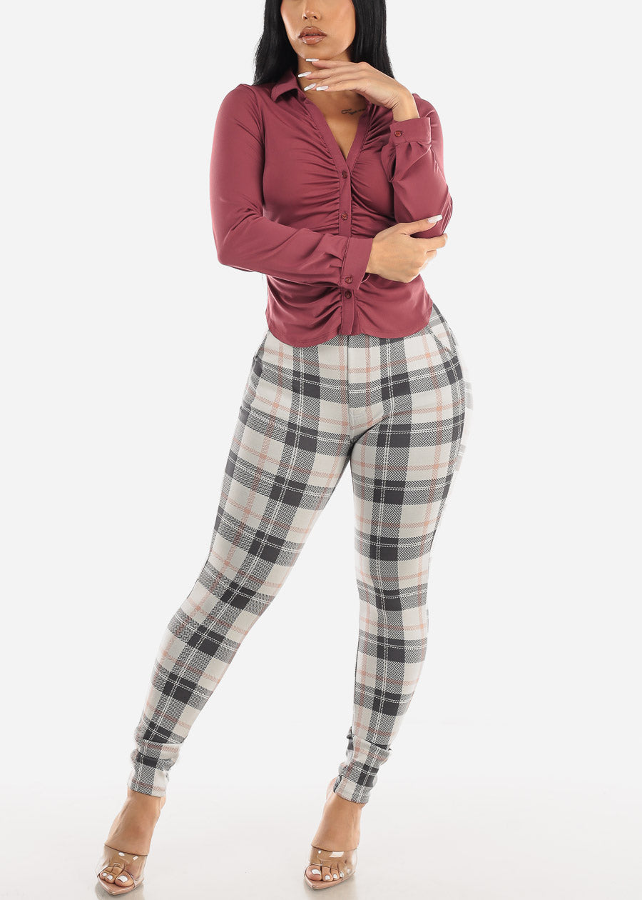 Butt Lifting Plaid Skinny Pants Ivory w Belt