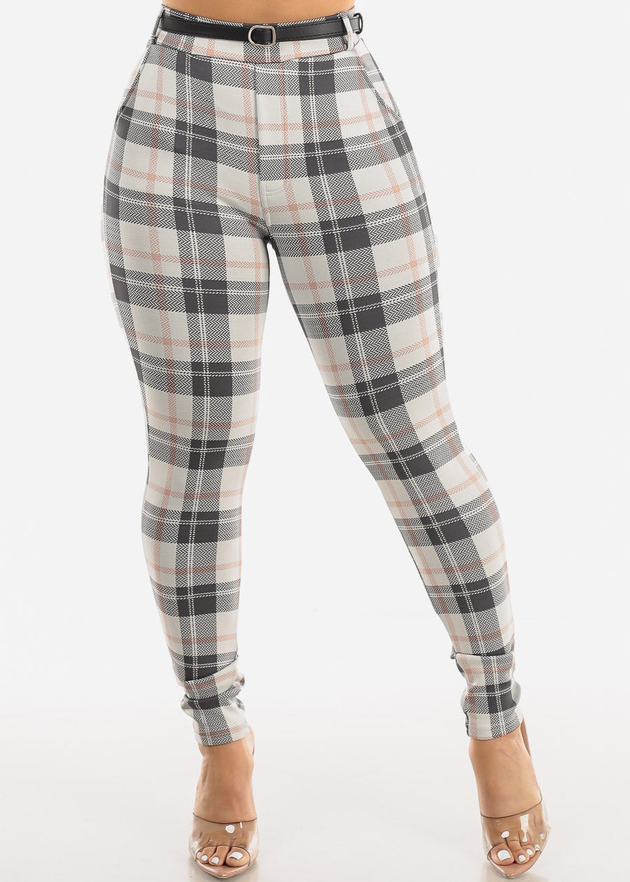 Butt Lifting Plaid Skinny Pants Ivory w Belt