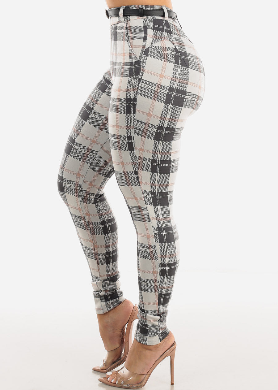 Butt Lifting Plaid Skinny Pants Ivory w Belt