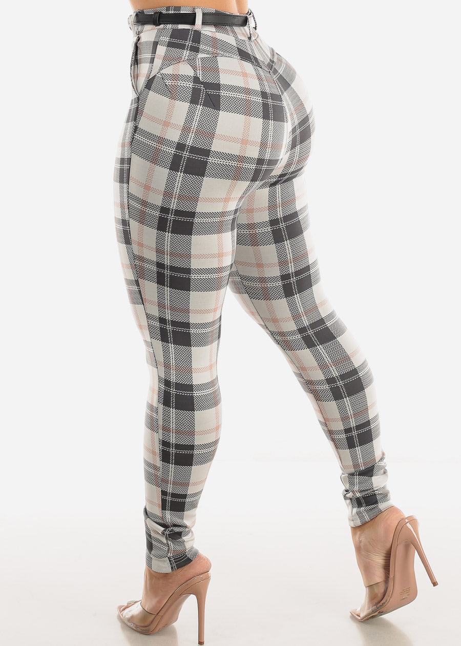 Butt Lifting Plaid Skinny Pants Ivory w Belt