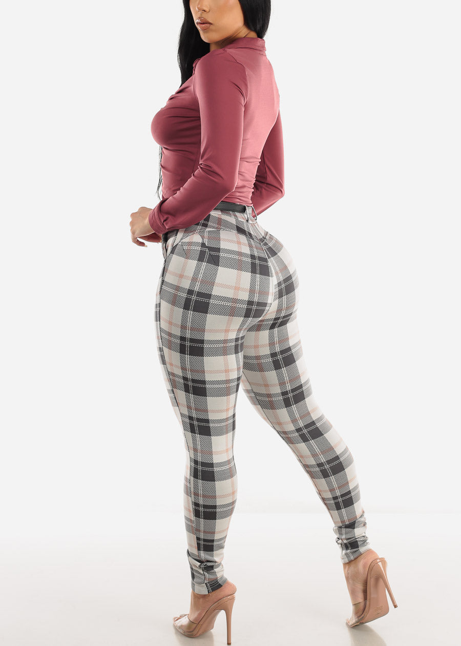 Butt Lifting Plaid Skinny Pants Ivory w Belt