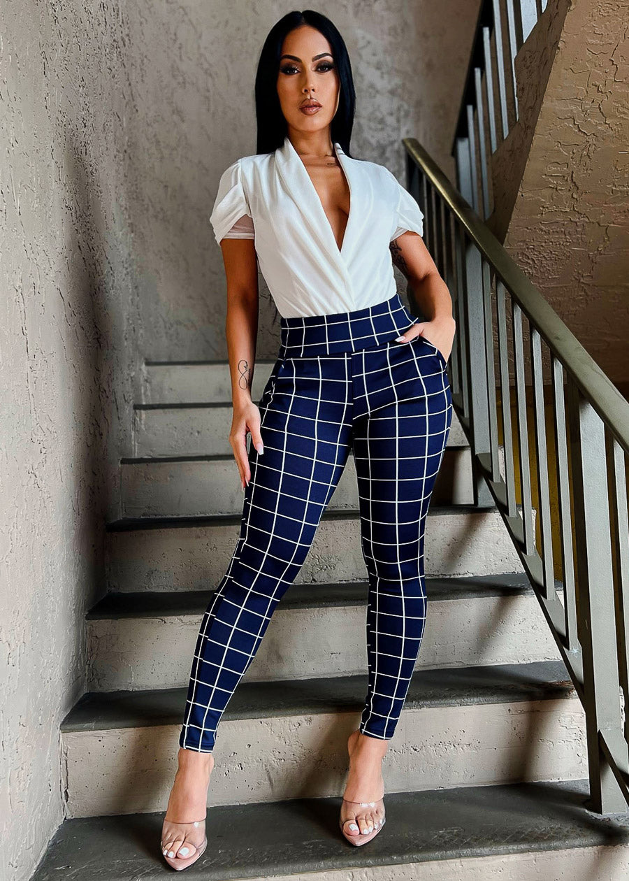 Navy High Waisted Butt Lifting Skinny Pants Windowpane