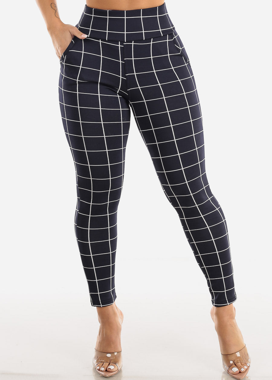 Navy High Waisted Butt Lifting Skinny Pants Windowpane