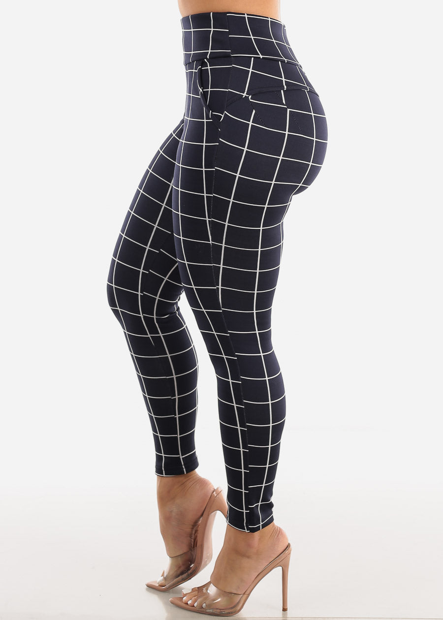 Navy High Waisted Butt Lifting Skinny Pants Windowpane