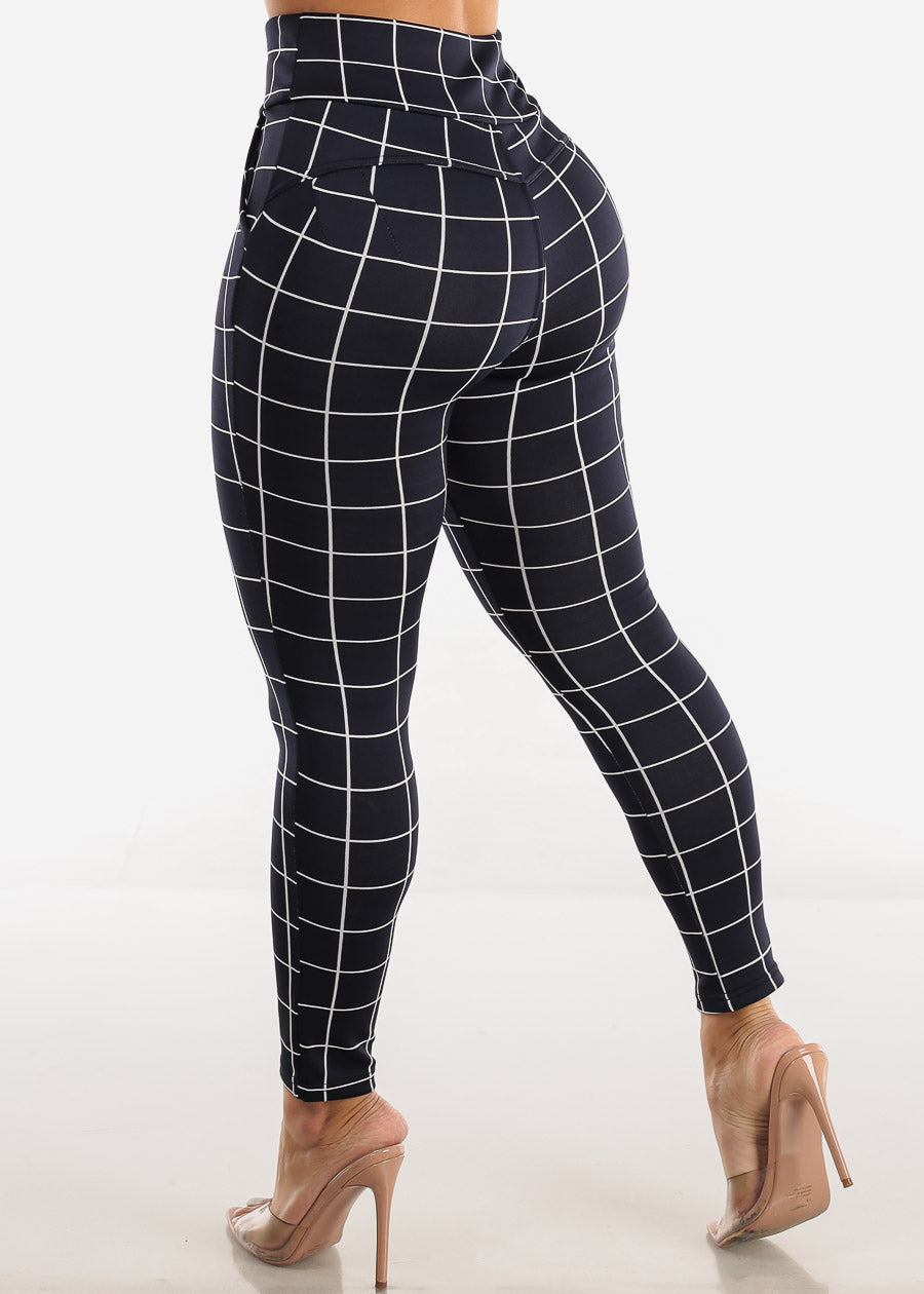 Navy High Waisted Butt Lifting Skinny Pants Windowpane