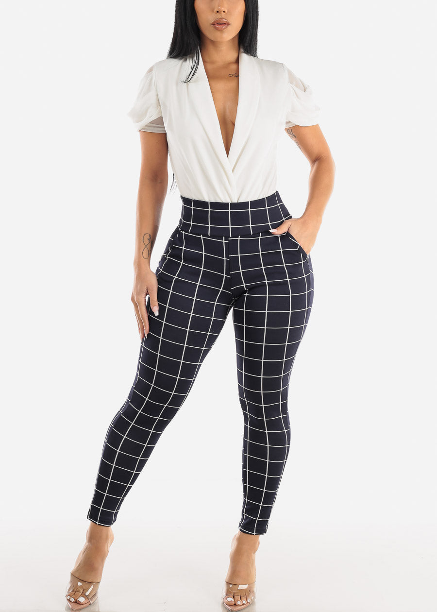 Navy High Waisted Butt Lifting Skinny Pants Windowpane