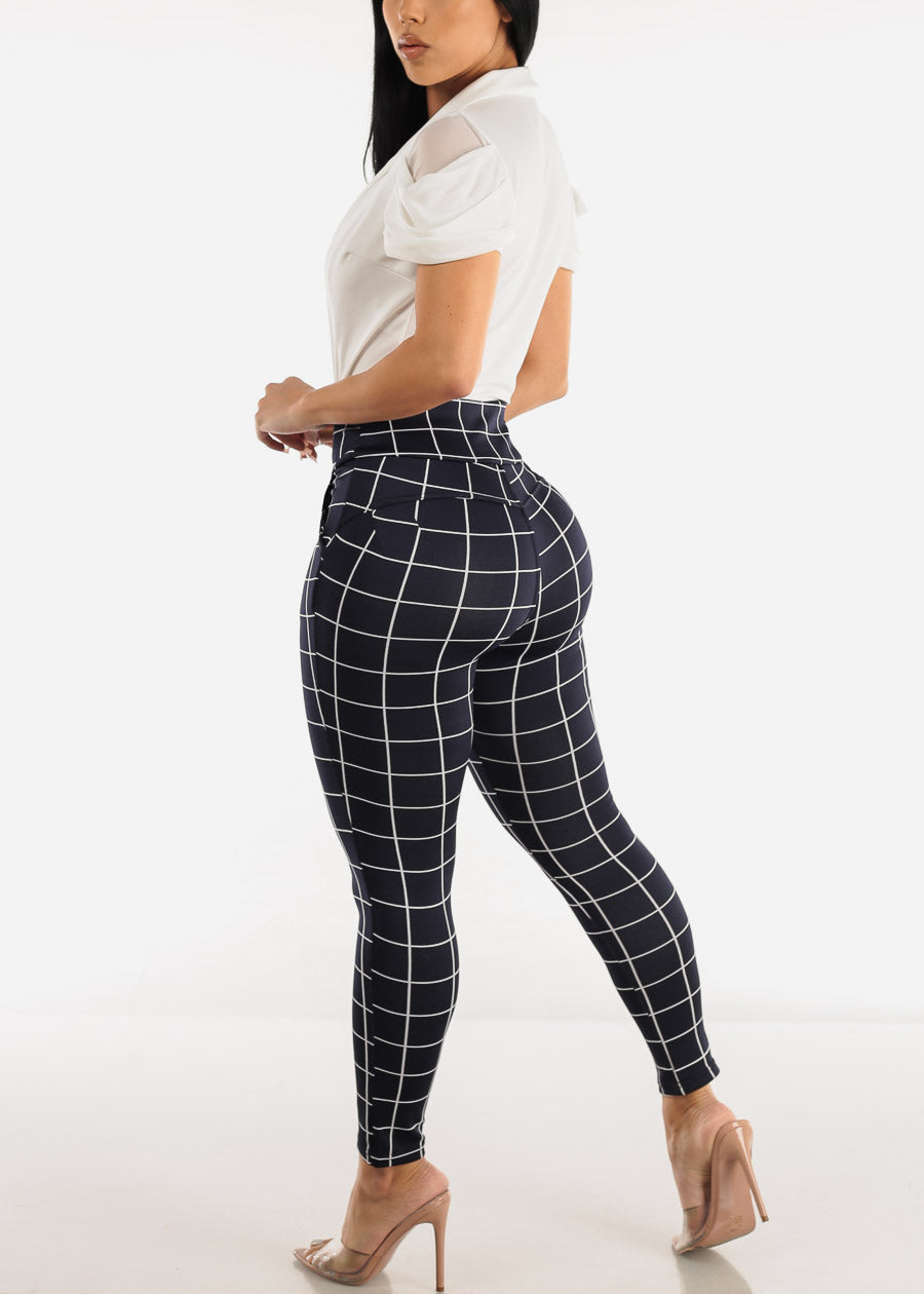 Navy High Waisted Butt Lifting Skinny Pants Windowpane