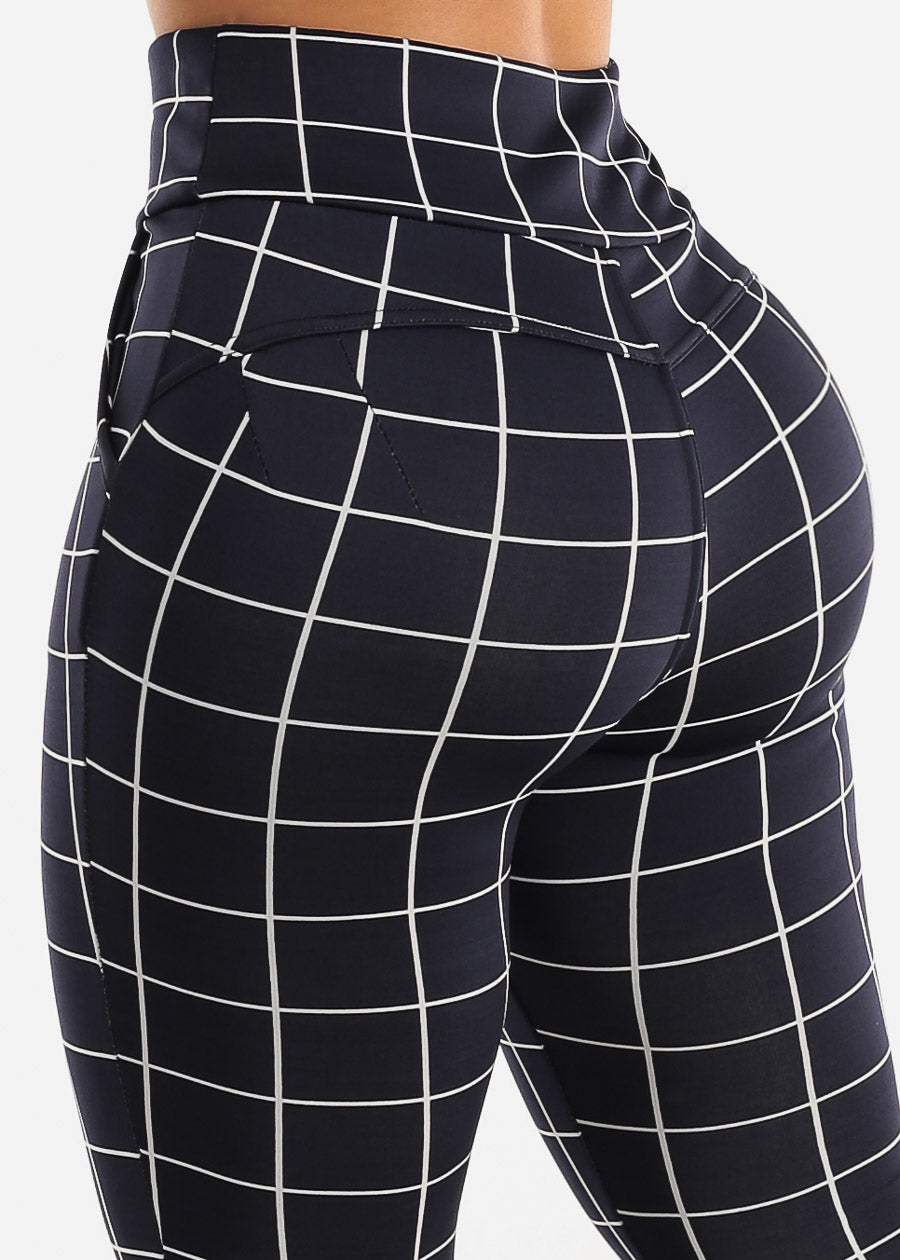 Navy High Waisted Butt Lifting Skinny Pants Windowpane