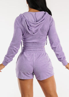 Terry Zip Up Cropped Hoodie & Shorts Neon Lavender (2 PCE SET)