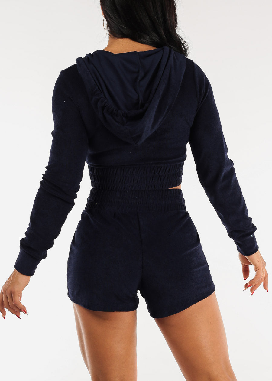 Terry Zip Up Cropped Hoodie & Shorts Neon Navy (2 PCE SET)
