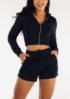 Terry Zip Up Cropped Hoodie & Shorts Neon Navy (2 PCE SET)