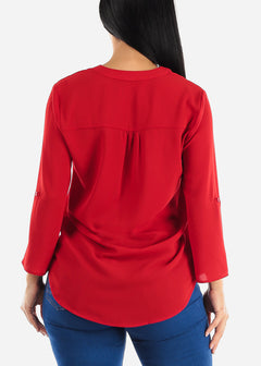 V-Neck Quarter Sleeve Woven Blouse Red