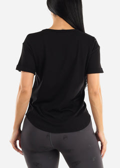 Black Cuffed Short Sleeve Round Hem Oversized Top