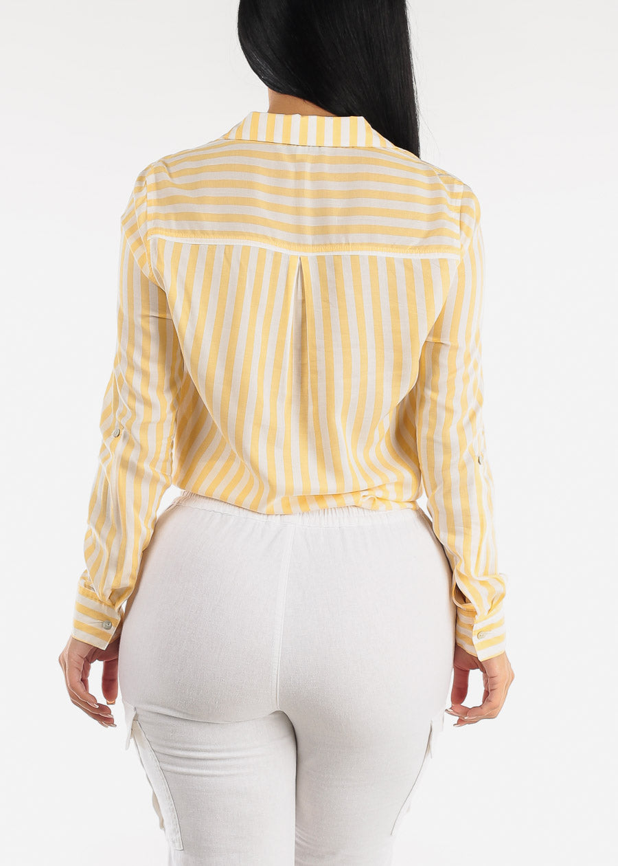 Tie Front Button Down Striped Shirt Yellow