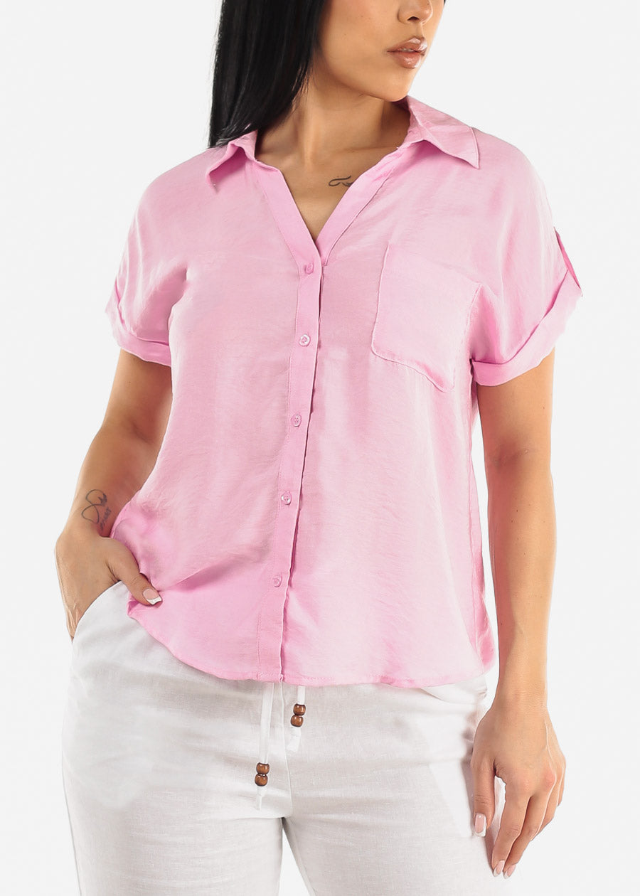 Cap Sleeve Button Down Shirt Pink