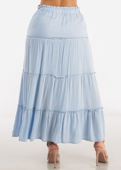 Light Blue A Line High Waist Ruffle Tiered Maxi Skirt