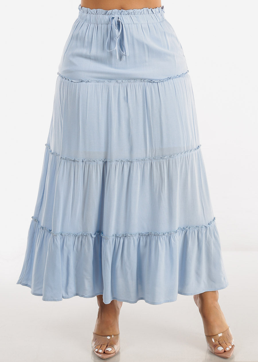 Light Blue A Line High Waist Ruffle Tiered Maxi Skirt