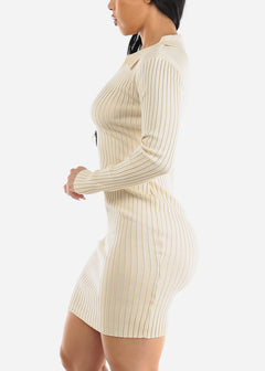 Long Sleeve Bodycon Sweater Mini Dress Cream
