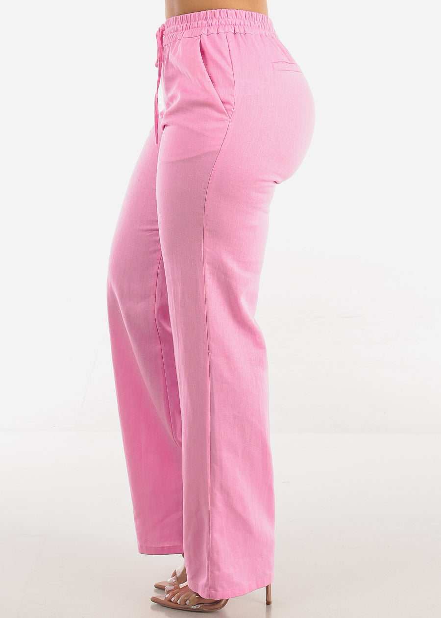 Pink Drawstring Waist Wide Leg Linen Pants
