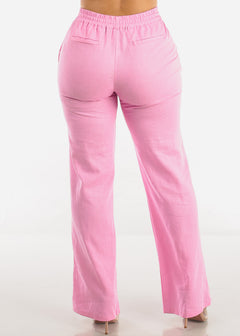 Pink Drawstring Waist Wide Leg Linen Pants