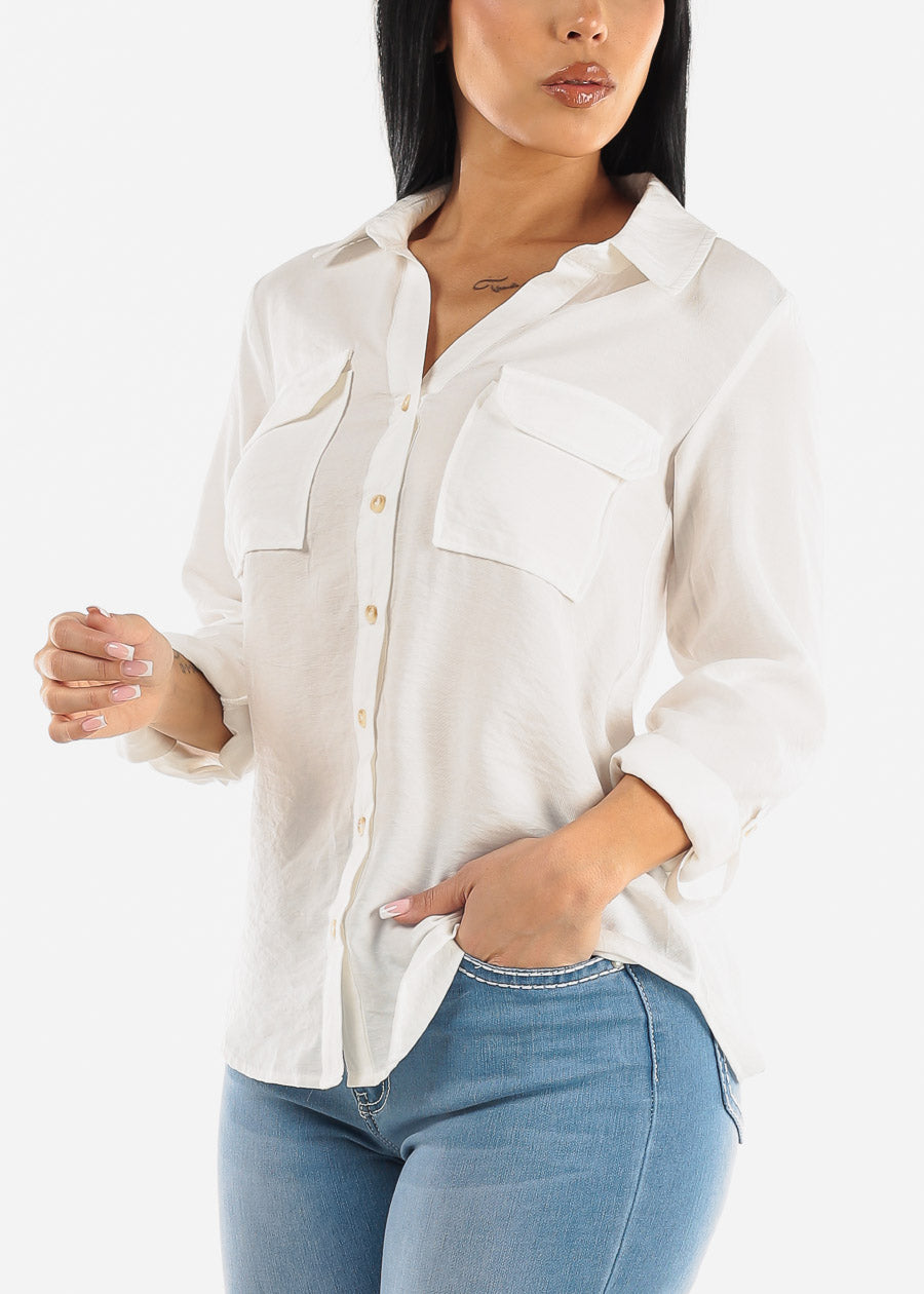 Button Down Long Sleeve White Shirt w Pockets