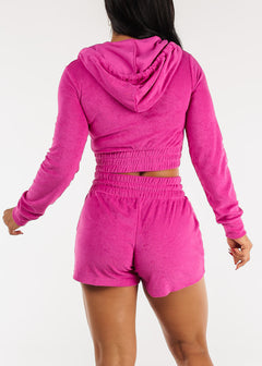 Terry Zip Up Cropped Hoodie & Shorts Neon Neon Hot Pink (2 PCE SET)