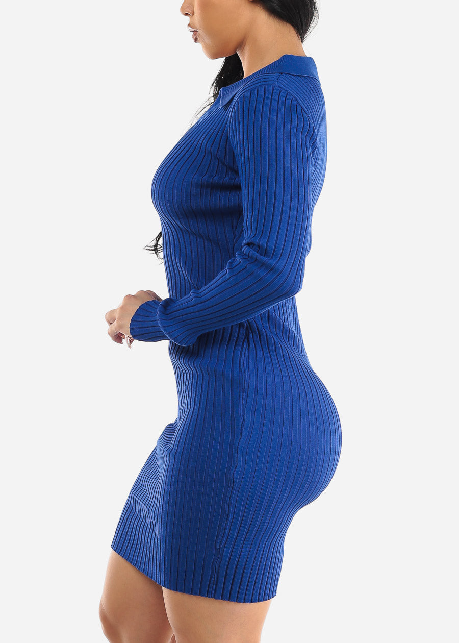 Long Sleeve Bodycon Sweater Mini Dress Royal Blue