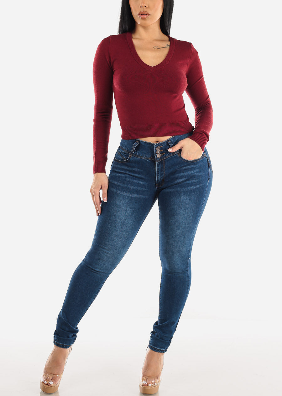 Long Sleeve V-Neck Cropped Sweater Burgundy