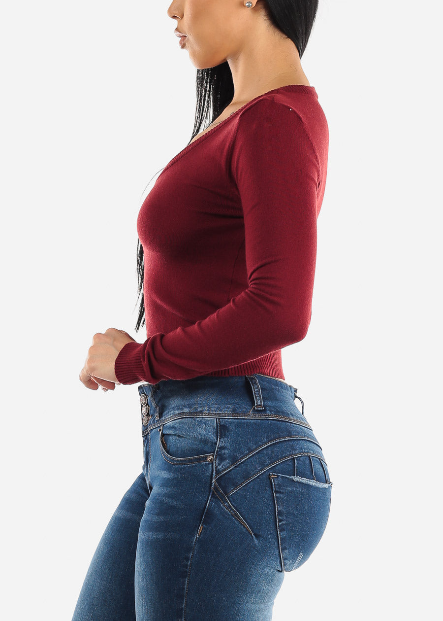 Long Sleeve V-Neck Cropped Sweater Burgundy