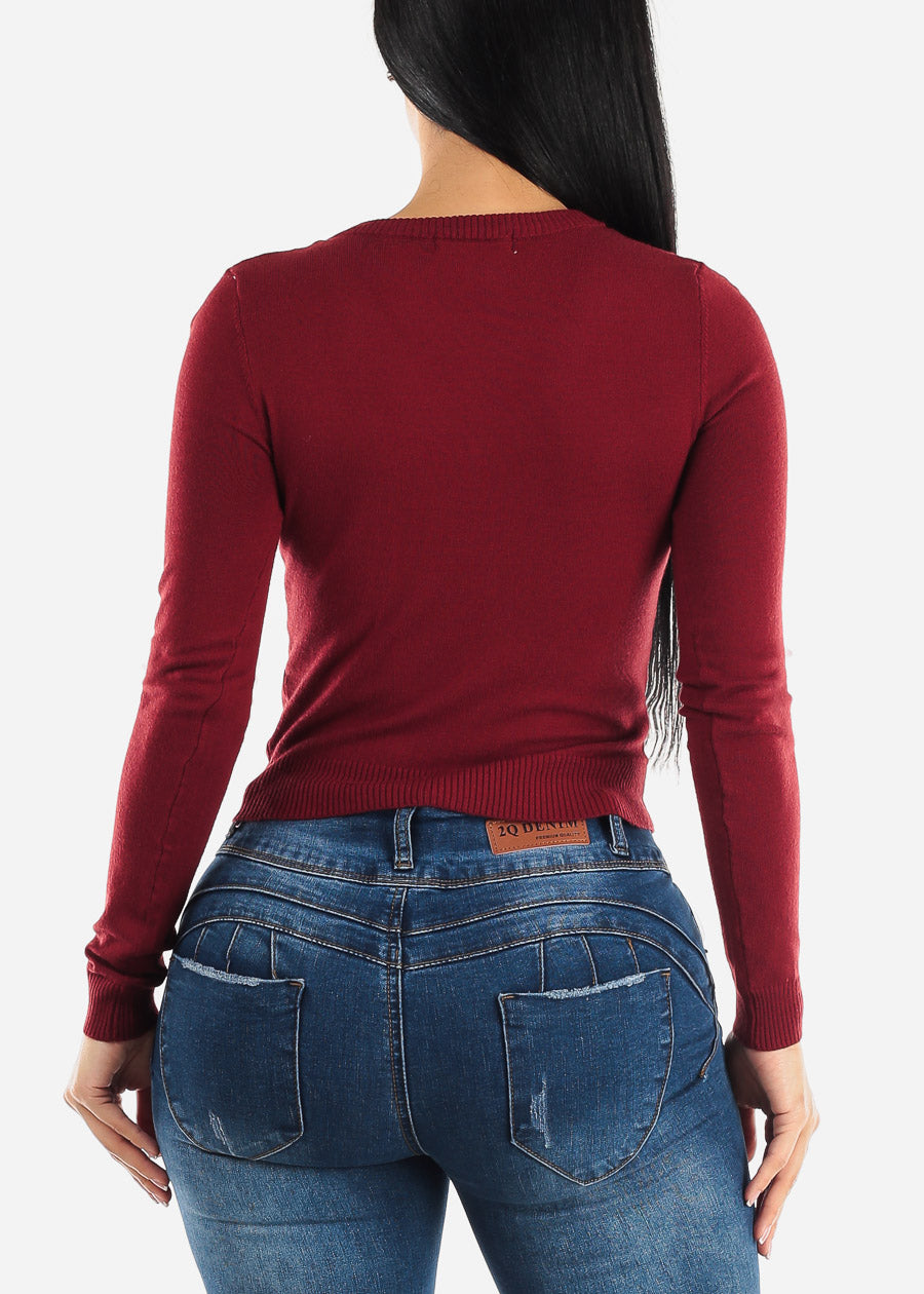 Long Sleeve V-Neck Cropped Sweater Burgundy