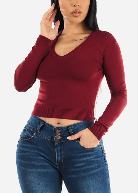 Long Sleeve V-Neck Cropped Sweater Burgundy