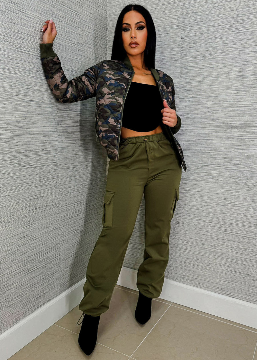 High Waisted Bungee Cargo Pants Olive