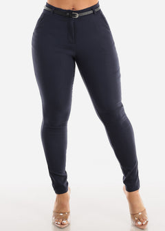 Navy High Waisted Belted Dressy Skinny Pants