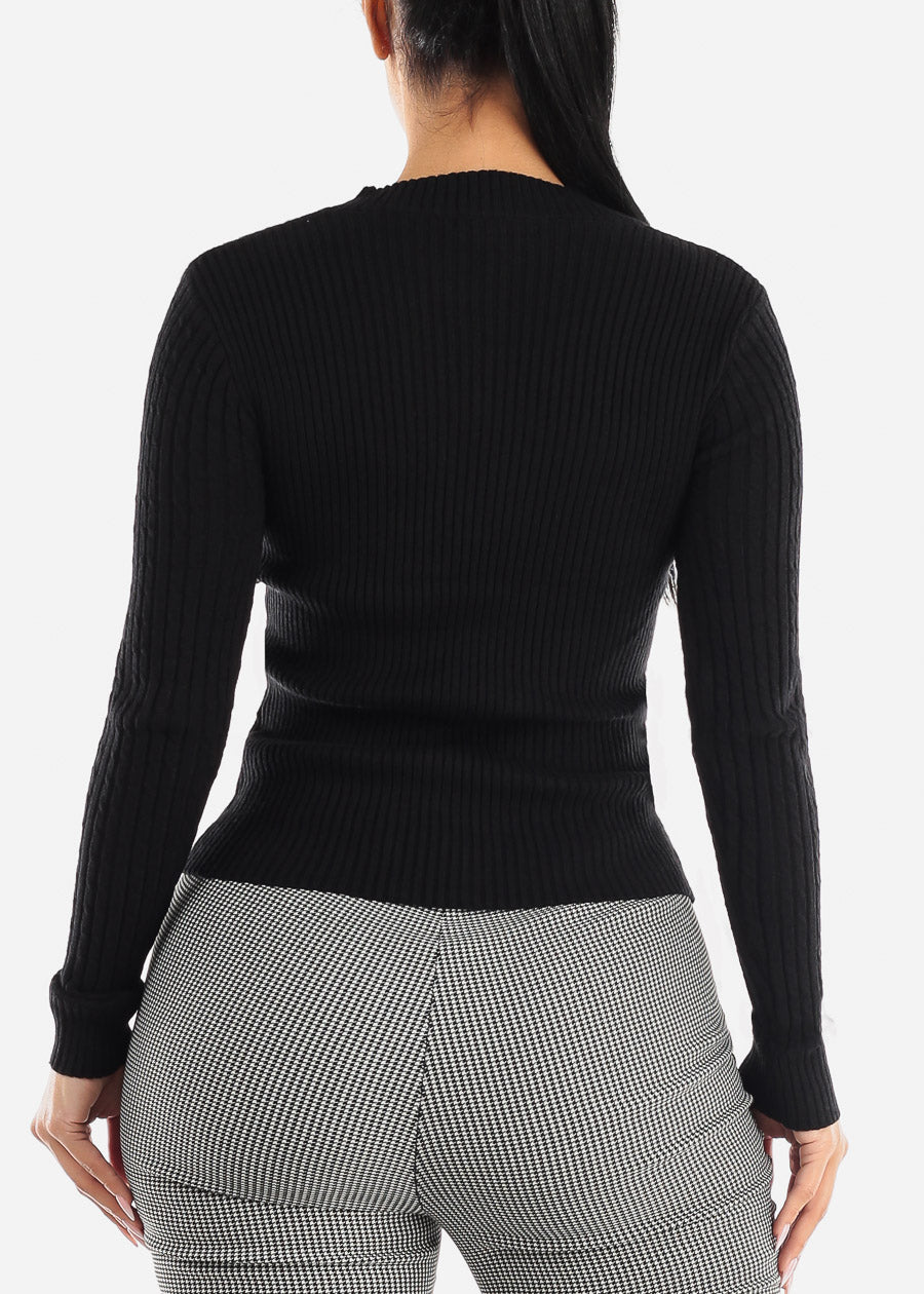 Black Rib Knit Fitted V-Neck Sweater