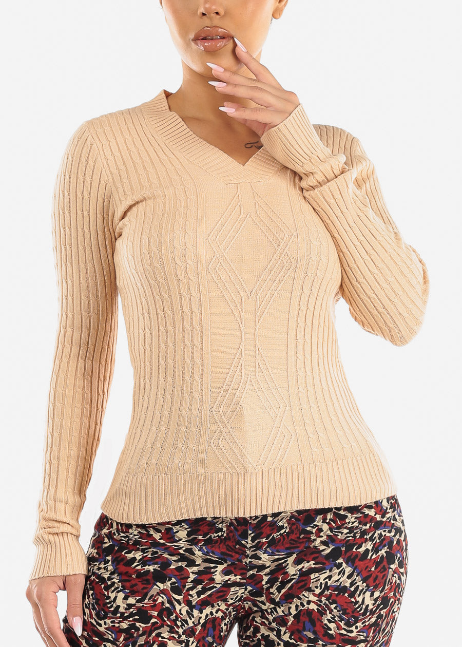 Rib Knit Fitted V-Neck Sweater Beige