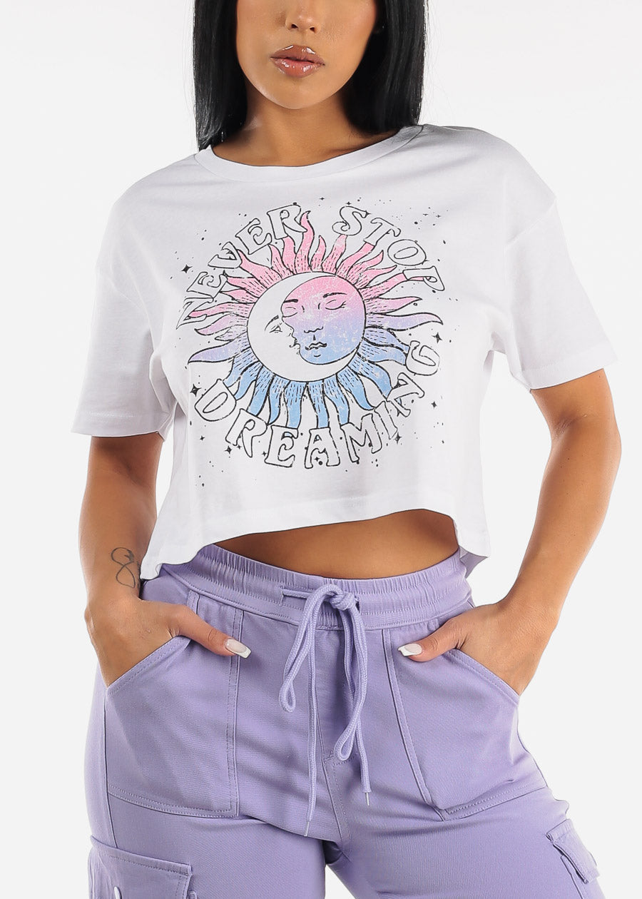 White Graphic Cropped Tee "Never Stop Dreaming"