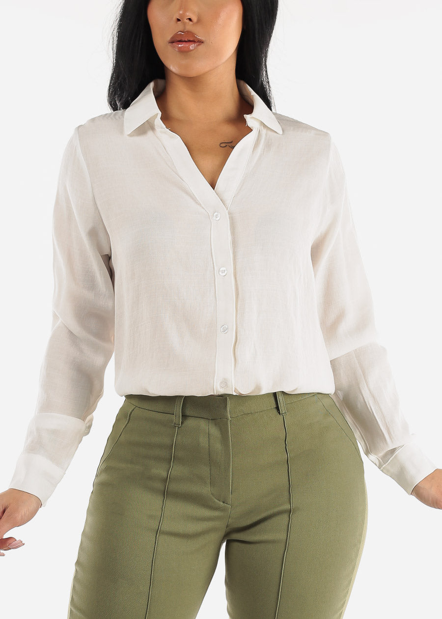 White Long Sleeve Button Down Collared Blouse