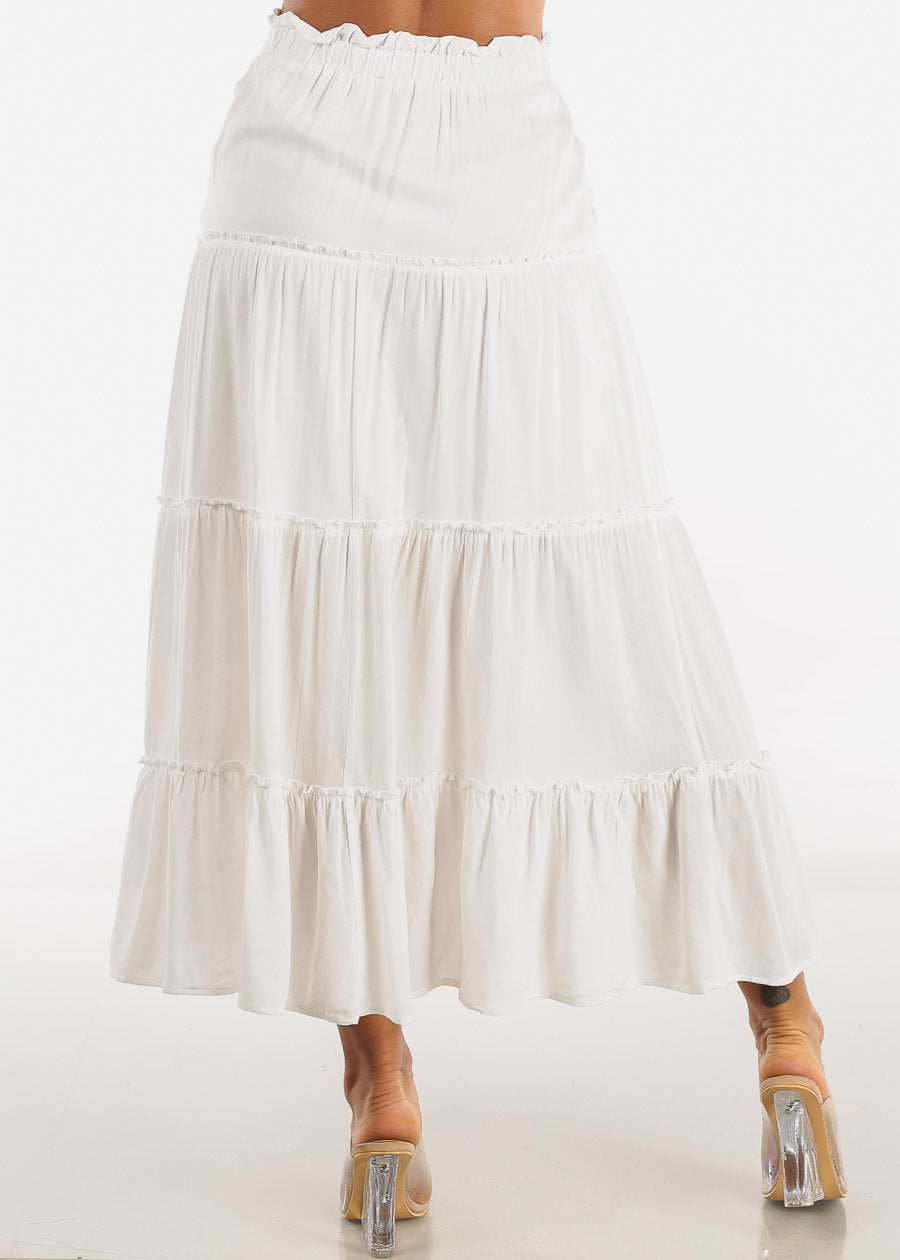White A Line High Waist Ruffle Tiered Maxi Skirt