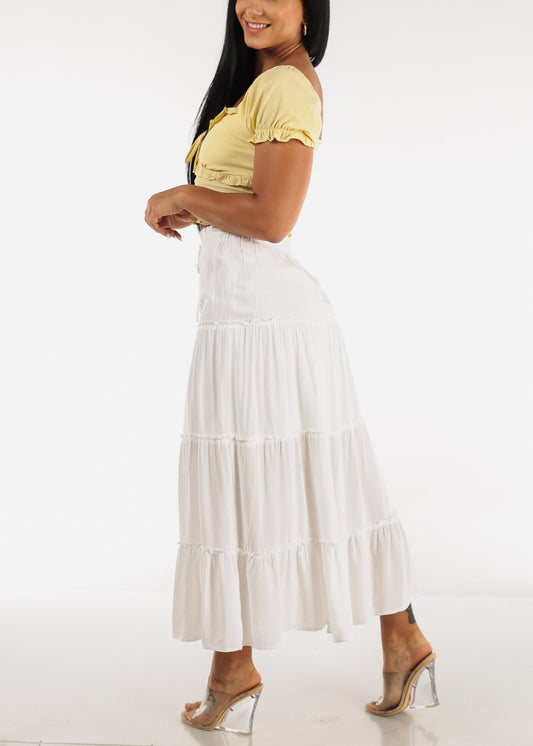 White A Line High Waist Ruffle Tiered Maxi Skirt