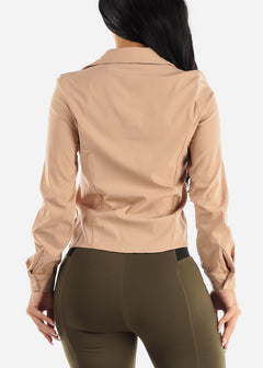 Button Up Ruched Collared Stretchy Shirt Tan