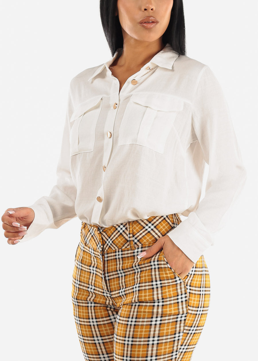 White Long Sleeve Button Up Collared Blouse